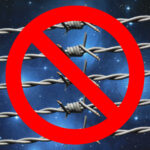 NOT symbol over barbed-wire with Pleiades background